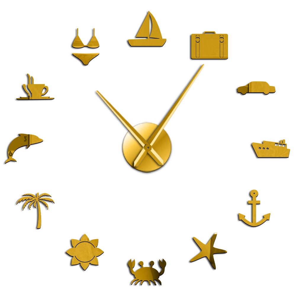 Horloge murale 3D pour le surf, la plage, les , la natation, la voile, le soleil, effet miroir, autocollant décoratif: Gold / 37inch