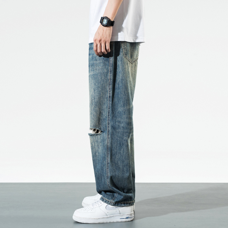 Men Jeans Straight Fit Destroyed Ripped Jeans Men Streetwear Retro Blue Hip Hop Loose Fit Wide Leg Denim Pants