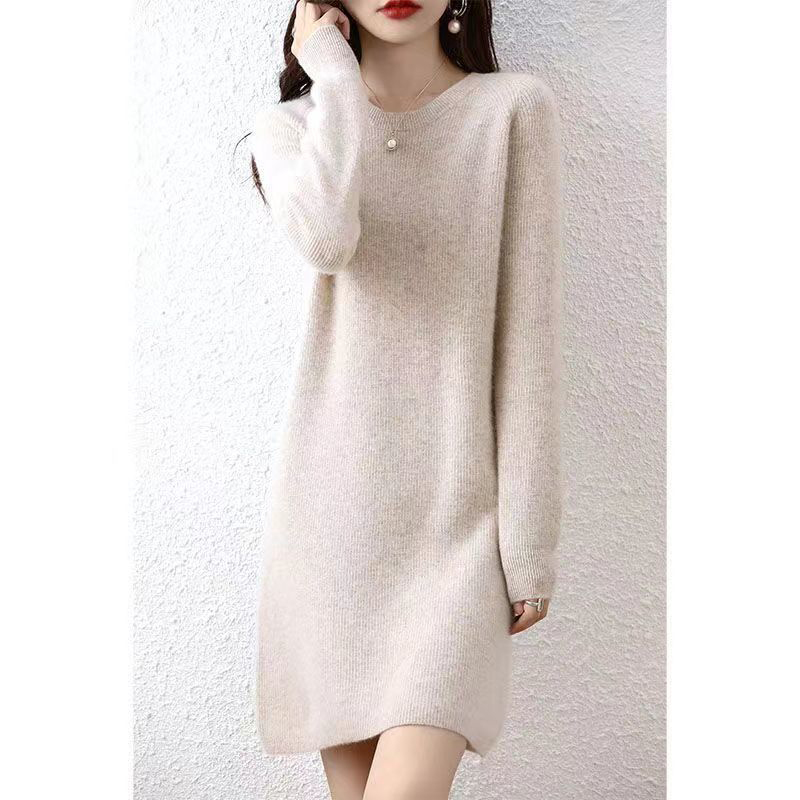 Herfst Winter Dames O-Hals Effen Kleur Breien Jurk Dames Losse Casual Toevoegen Fluwelen Bodemgewaad Femme Vestidos De Fiesta