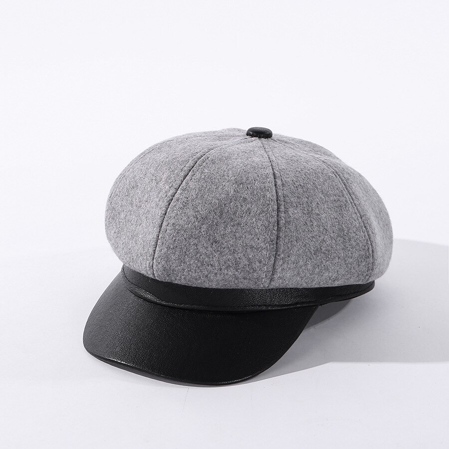 COKK Octagonal Hat Women's Winter Autumn Leather Brim Beret Women Retro British Painter Cap Hats For Women's Cap Gorros: gray