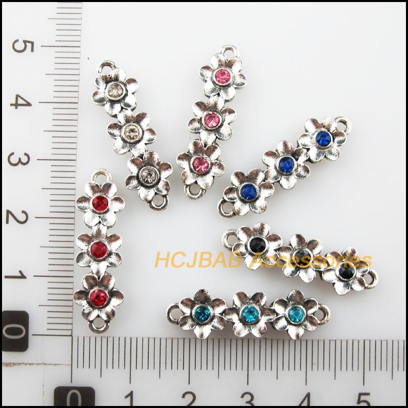 12 3-Flower Charms Tibetan Silver Color Crystal Mixed Connectors 8.5x28mm