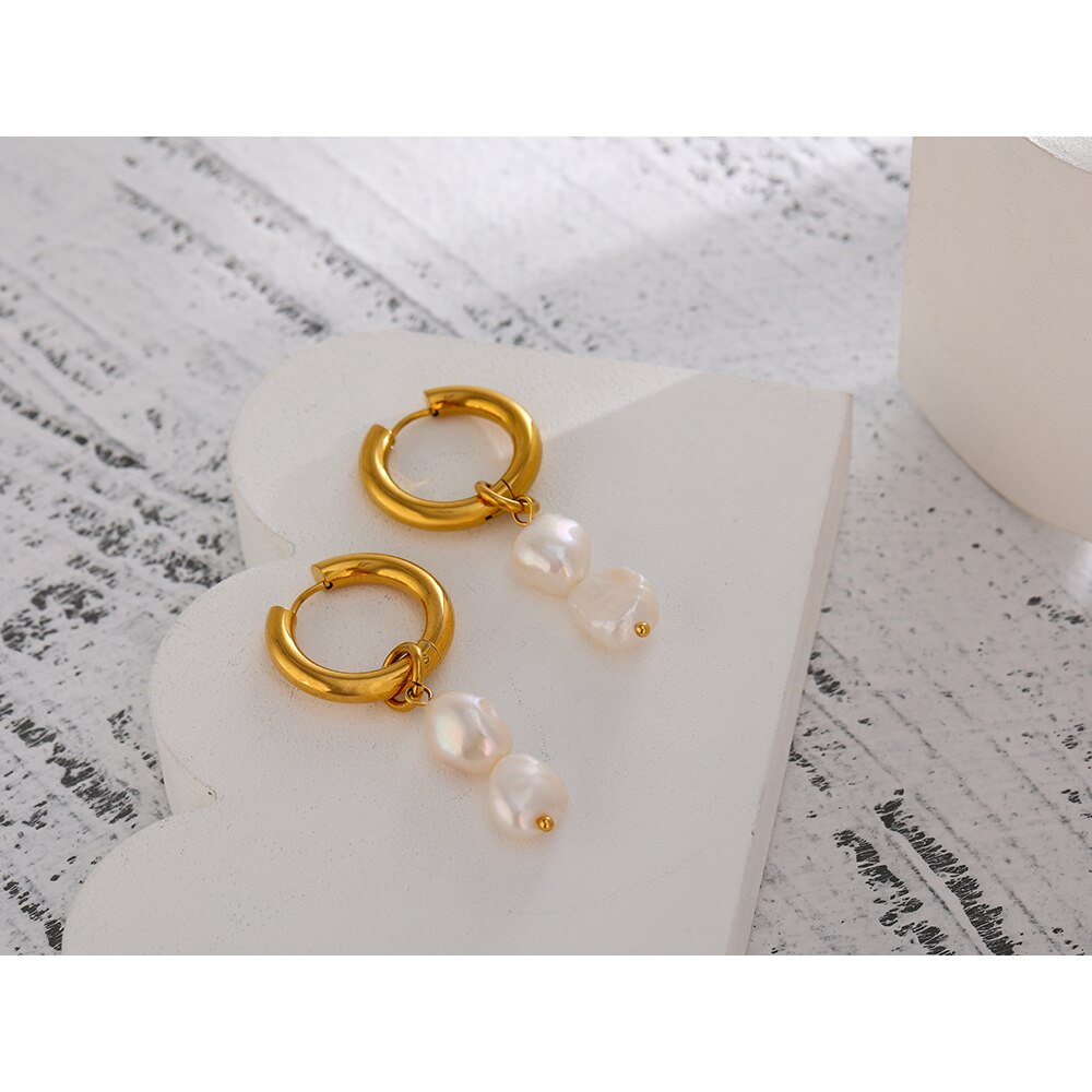 Yhpup roestvrij staal natuurlijke parel hoepel oorbellen charme metalen textuur geometrische mode-sieraden sosten dhernosрия cadeau