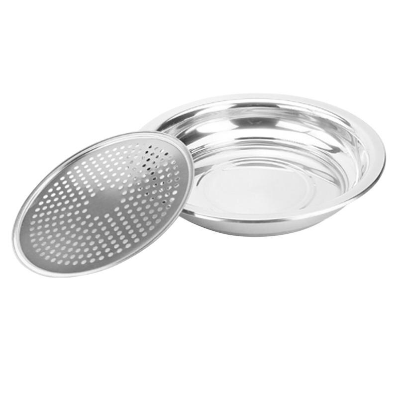 Dobbeltlags dreneringsplate multifunksjon rund dumplingplate i rustfritt stål for tilbehør til hjemmekjøkken (inkludert boks)