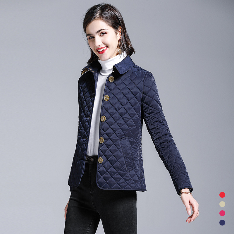 BURDULLY Small cotton coat Female short light autumn and winter single-breasted Diamond shaped women's Quilted coat: Navy Blue / S