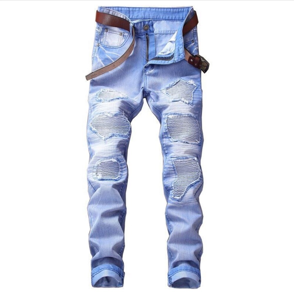Eh · md® hoog elastische gebleekte blauwe jeans heren golvende gerimpelde gaten patch katoen zacht kleine rechte high street slanke broek: 31