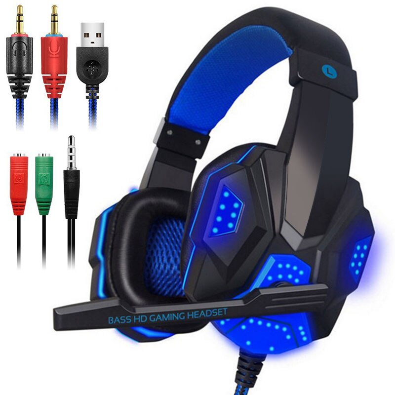 Wired Gaming Headset Noise Cancelling Headphones Surround sound Deep bass Stereo Earphones W/Mic LED Light For Game PC Lapto: Blue