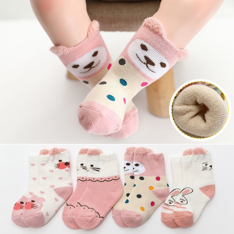 4 par/lot 0-24m baby värmestrumpor flicka pojke barn strumpa för vinter barn korta strumpor för unisex baby tecknad film: 4 / 4-12m(9-11cm fot)
