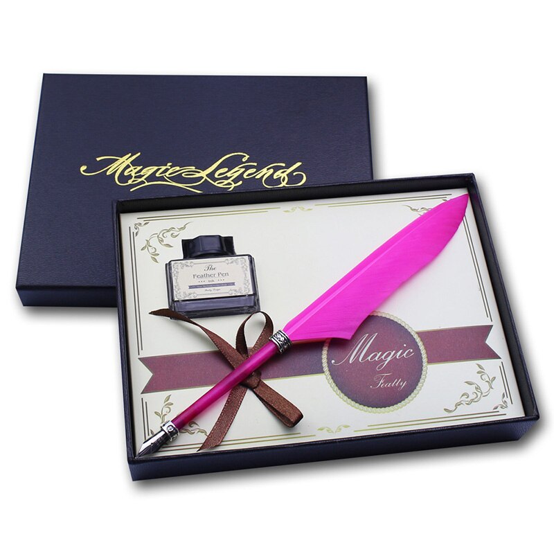 Mini Antique Europe Style Feather Pen Set Quill Calligraphy Writing Pen: rose red