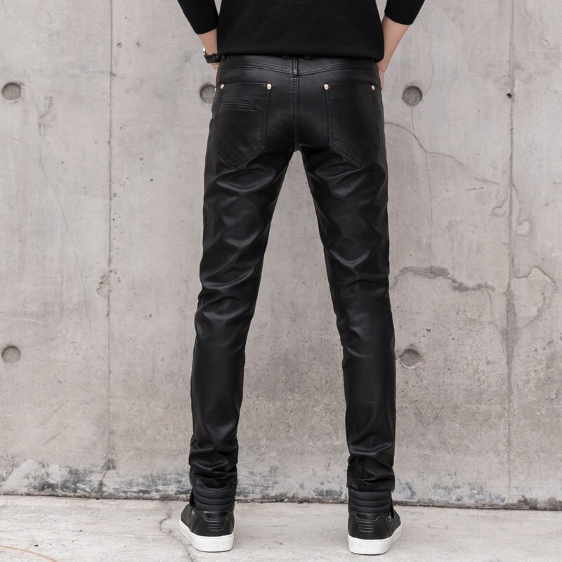 Pantalones vaqueros de piel sintética para hombre, pantalón vaquero, entallado, Punk, para escenario, motociclista