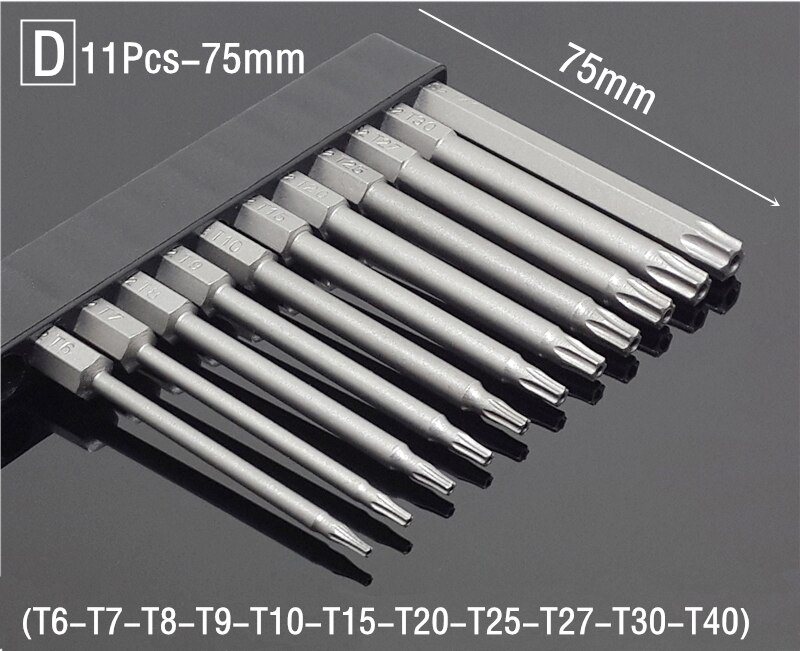 Jeu de tournevis magnétiques de sécurité 50/75/100/150mm, outils à main de 1/4 pouces à tête plate hexagonale: (D) 11Pcs 75mm