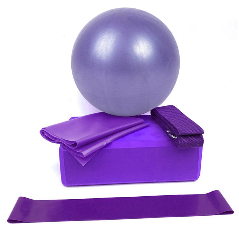 5 Pcs Yoga Equipment Set with Yoga Ball Blocks Stretching Strap Resistance Loop: Purple