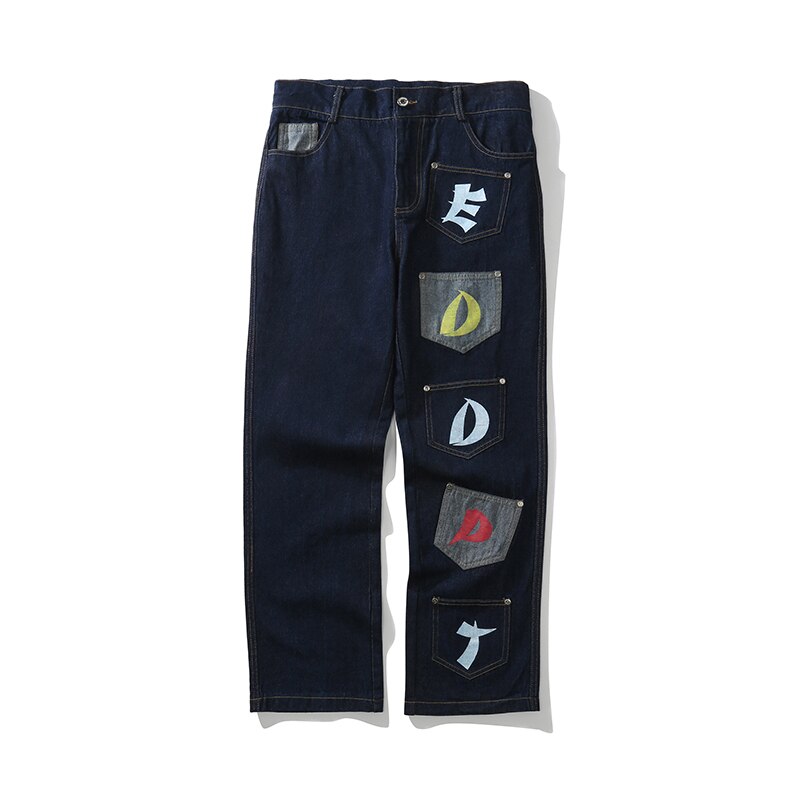 Retro Streetwear Letter Pocket Stitching Jeans Men and Women Straight Oversize Ripped Washed Denim Trousers Hip Hop Loose Pants: Blue / asian L