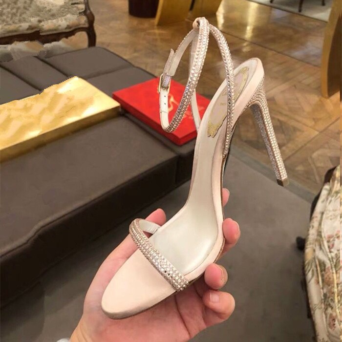 Vårskor strass sandaler spänne sommar kostym kvinnlig beige öppen tå höga klackar med dam sammetsklack