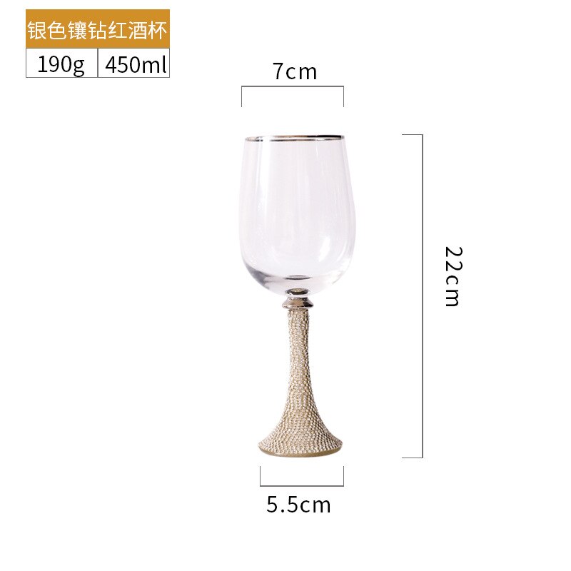 Diamond-studded wine glass, metal base, glass, crystal stem wine glass, champagne glass, family party, restaurant, bar, wine set: E