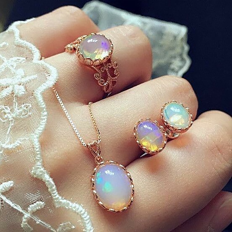 Vintage Opal Sieraden Sets Voor Vrouw Hanger Kettingen Choker Water Oorbellen & Ring Goud Kleur Bohemen Bruiloft Sieraden
