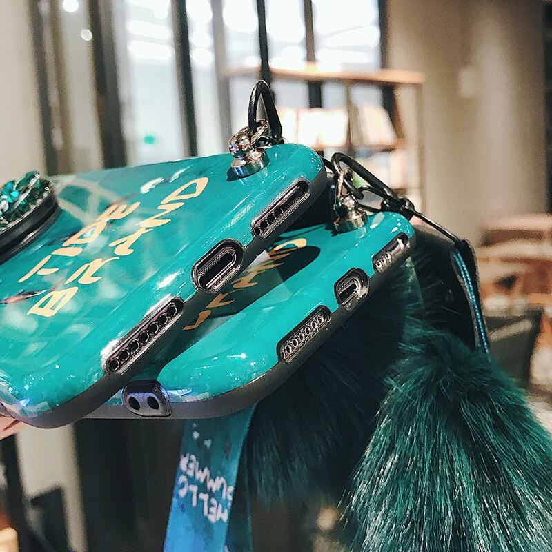 For Huawei Y8P Y7P Y6P Y5P Case Green Rhinestone Ring Holder Silicon Soft Case Y8P Y7P Y6P Y5P Back Cover With Hairball