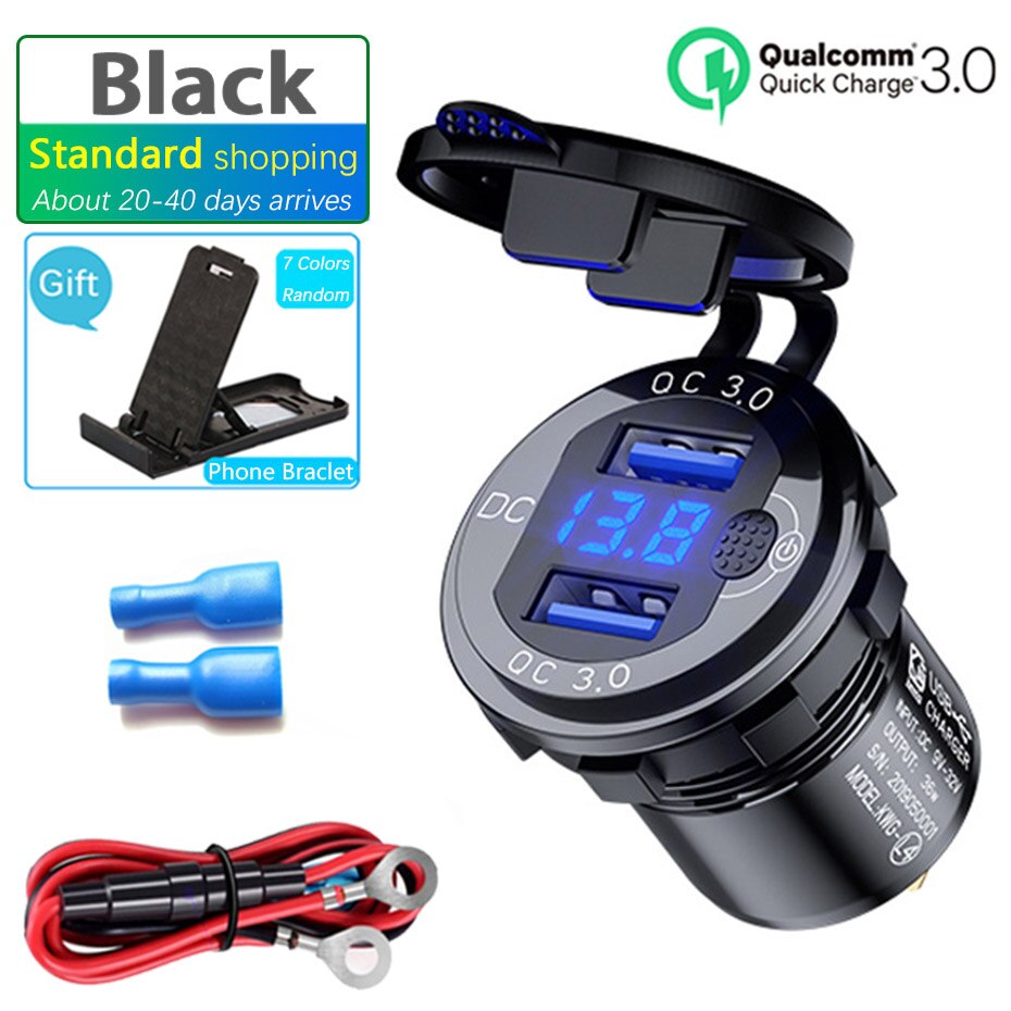 LED Display 36W QC3.0 Motorcycle USB 12V socket Metal Switch Waterproof Universal Truck Car Lighter Socket Plug For Phone Camera: Black-Line-Standard
