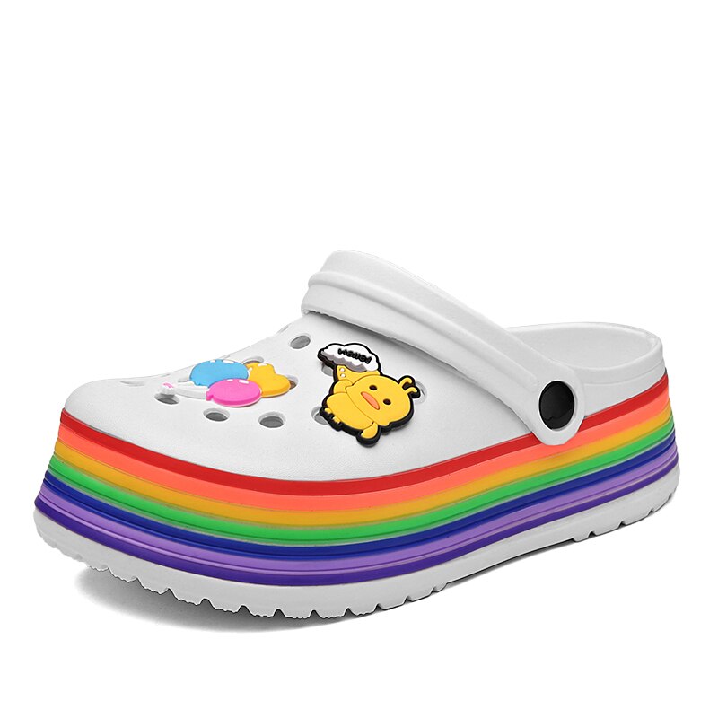 DR.EAGLE Women Sandals Rainbow Bottom Casual Aqua Clogs Female Band Sandals Summer Slides Beach Swimming Shoes Slippers: White / 38