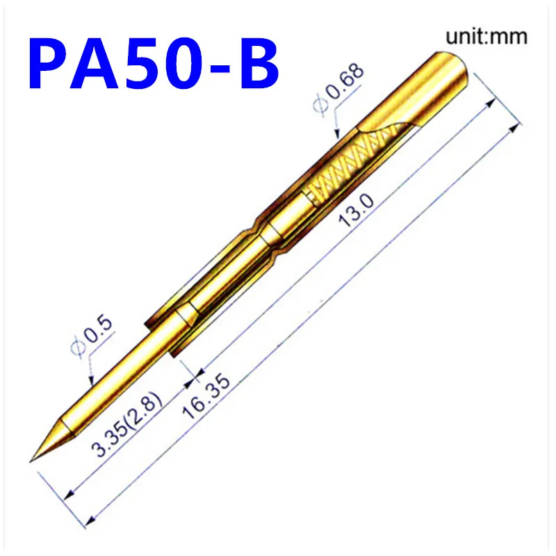 100PCS Gold Plated PA50-B1 Pointed Spring Test Pin Barrel 0.68mm Length 16.55mm PCB Pogo Pin