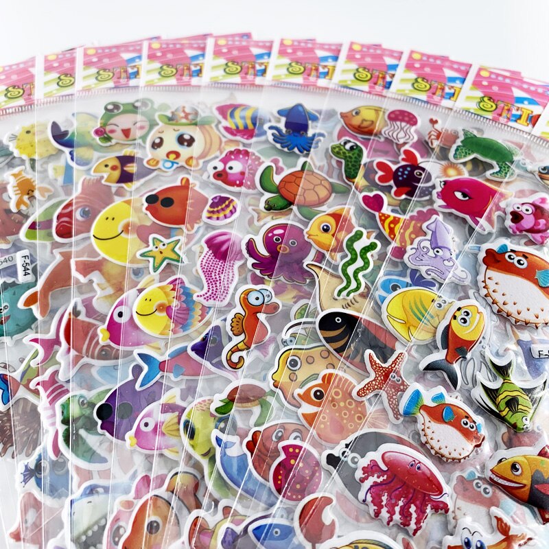 12 hojas/juego de pegatinas de dibujos animados 3D con de peces marinos para niños, pegatinas para álbum de recortes de PVC con burbujas para niños y niñas, bonito