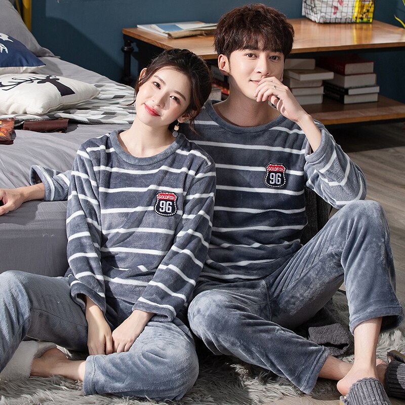 Pijamas de otoño e invierno para parejas, ropa de dormir, conjunto de amantes, estampado a rayas de manga larga, para hombres y mujeres,
