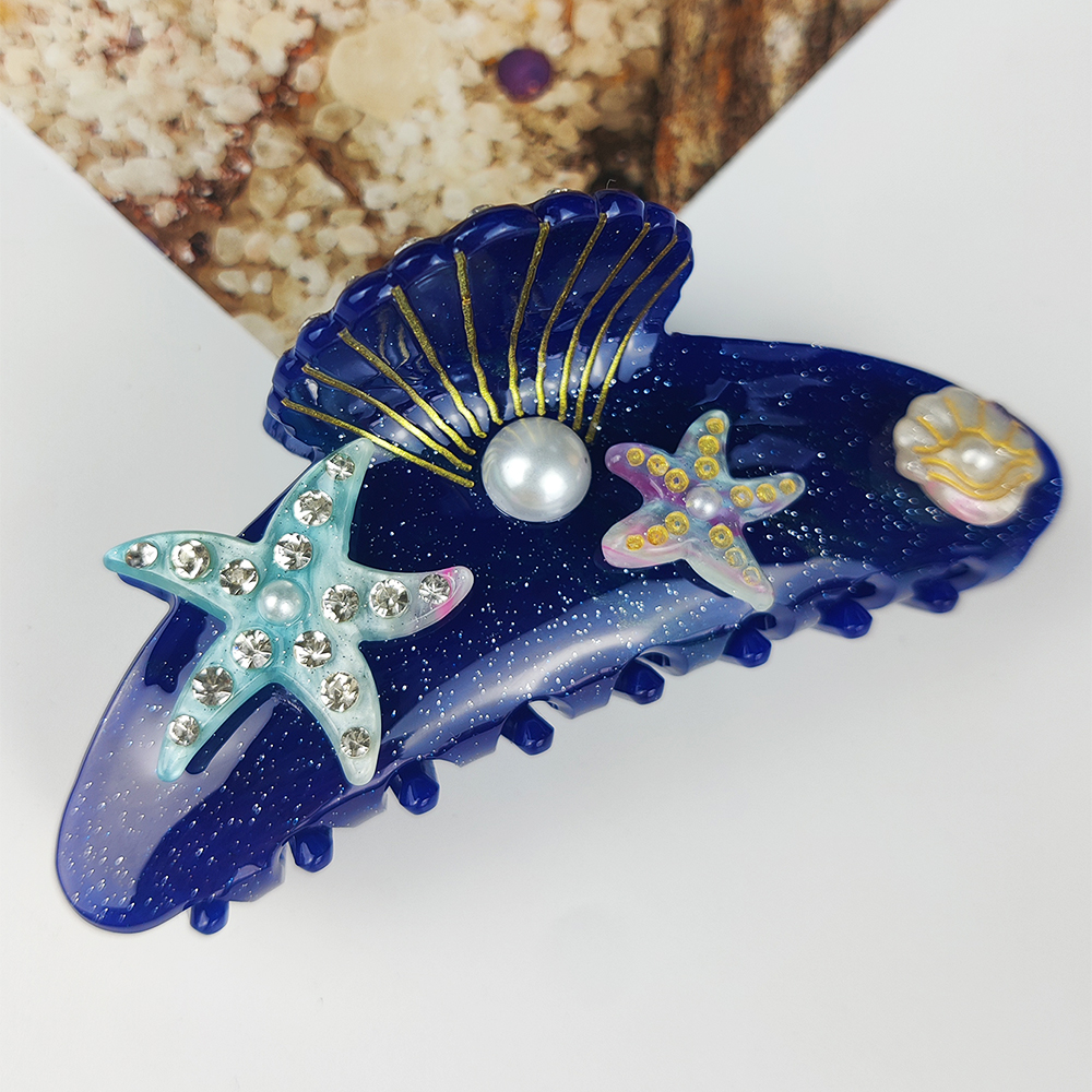 Pinzas para el cabello grandes de la serie Sea, pinzas para el cabello con concha de estrella de mar de diamante, accesorios para el cabello de acetato hechos a mano: Plata