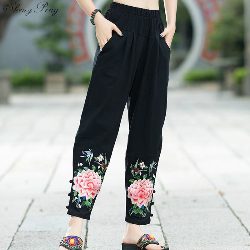 Printemps lâche grande taille brodé loisirs pantalon femme large jambe femmes pantalon décontracté chinois Harlan pantalon V1357