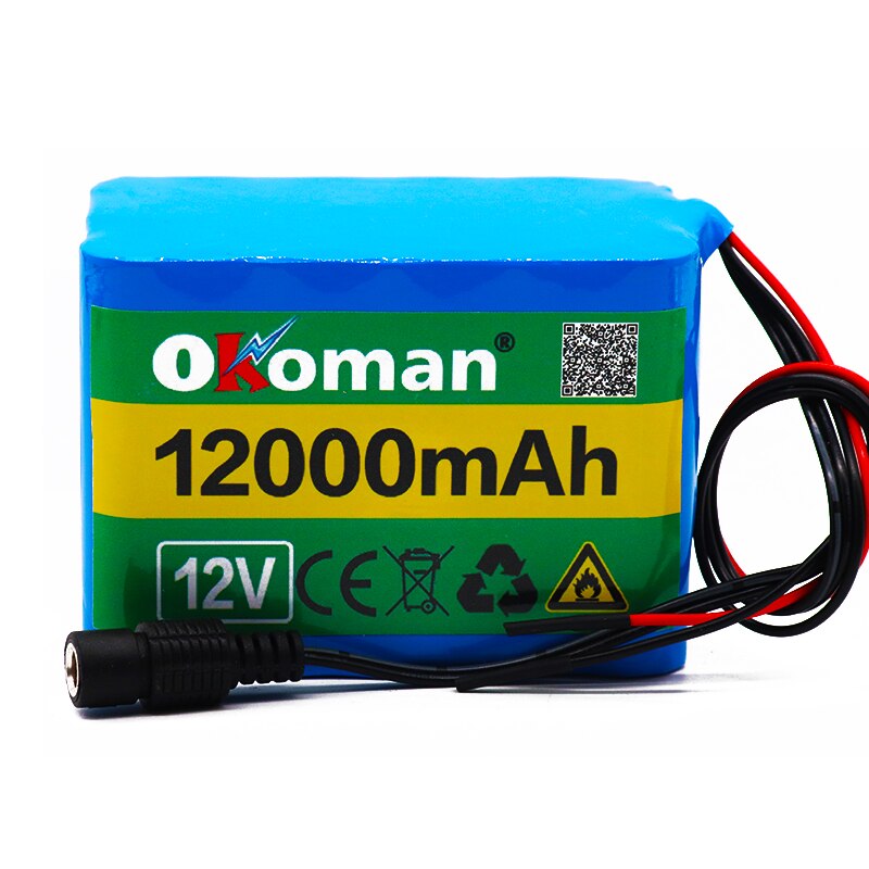 Okoman 12V 12Ah 18650 lithium battery 12.6V 12000mAh rechargeable battery with BMS for 75 W LED xenon lamp