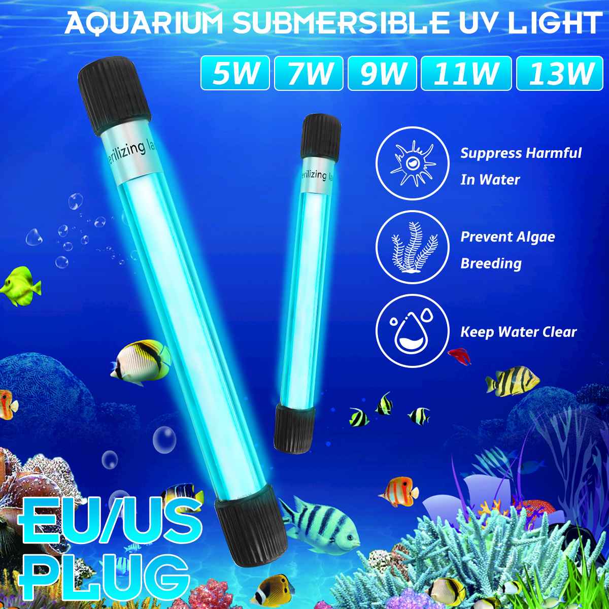 5/7/9/11/13W Aquarium Submersible UV Sterilizer Underwater Lights Quartz Glass Fish Tank Underwater Purifier Lamp