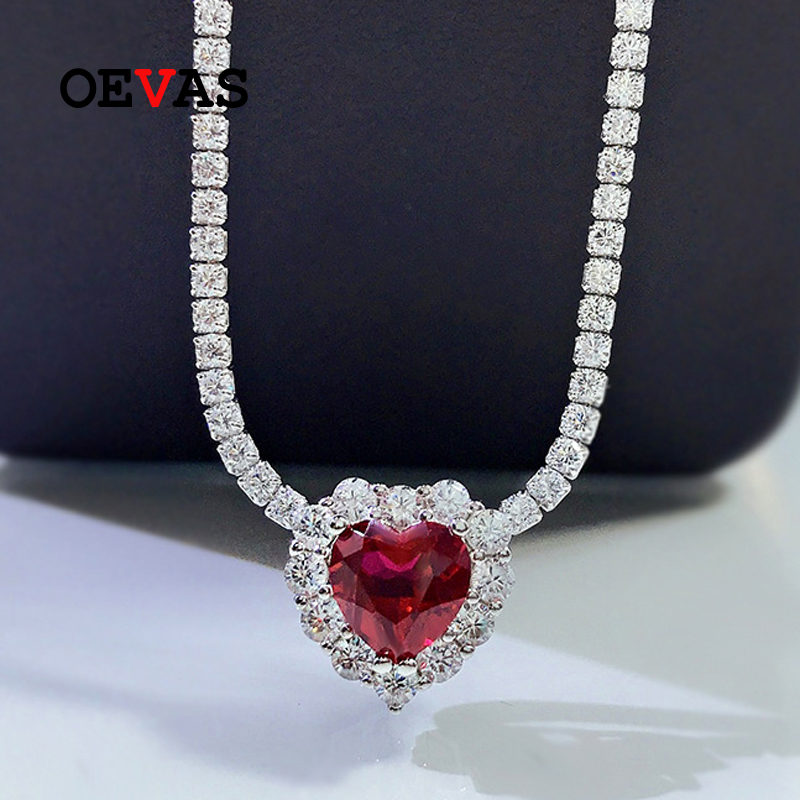 OEVAS 100% 925 Sterling Silber 8*8mm Herz Rubin Hohe Kohlenstoff Diamant Anhänger Halskette Für Frauen funkelnd Party feine Schmuck