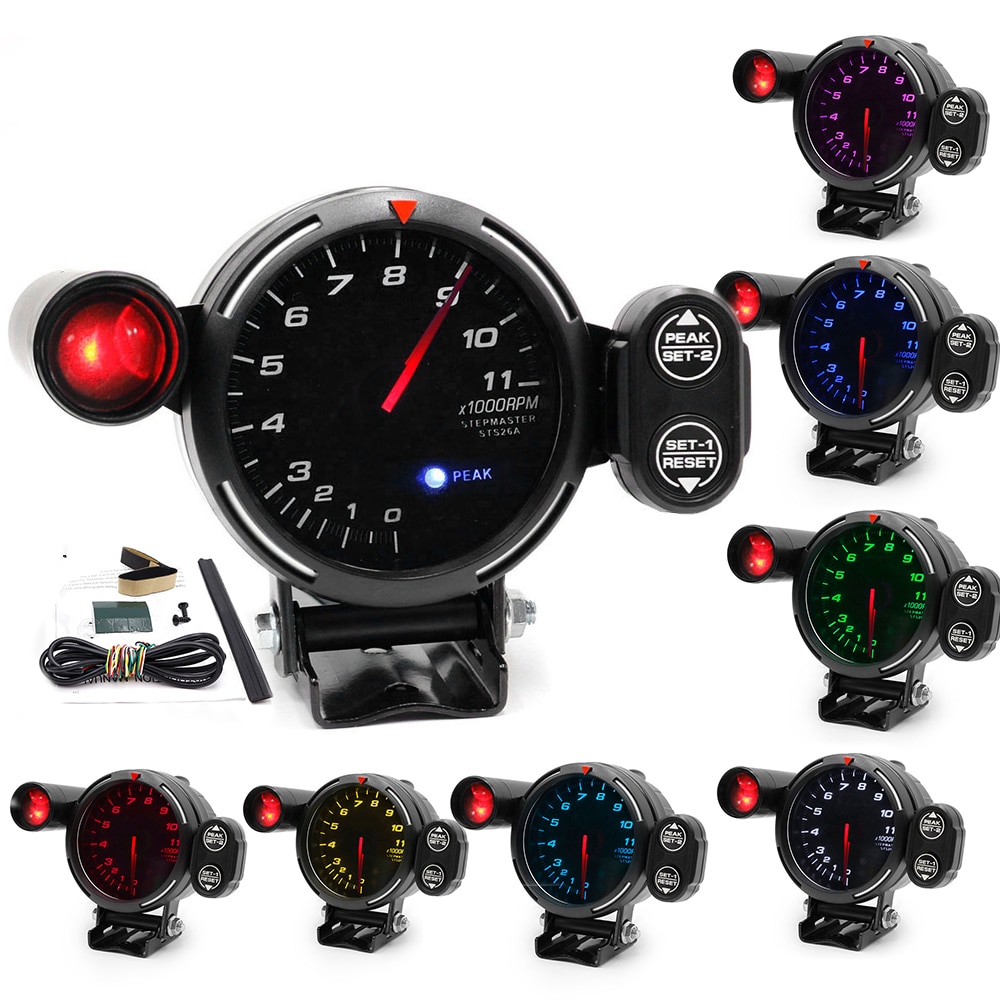 Tacómetro de 3,15 "y 80mm para coche de gasolina, 0 ~ 11 × 1000Rpm, Fondo de LED NEGRO de 7 colores para 4/6/8 cilindros, 12V
