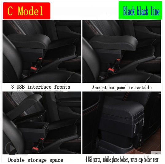 Boîte accoudoir pour Peugeot 307, boîte de rangement central avec interface USB support de verre, cendrier: C-Black black lines