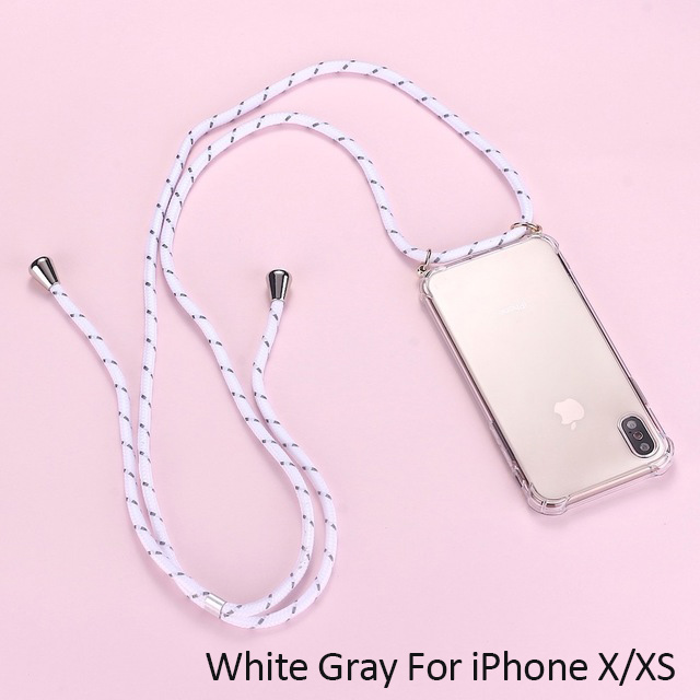 Del Cavo della cinghia Della Catena Della Cordicella Del Telefono di Caso per il iPhone XS X Mobile Della Collana Trasporta la Copertura Trasparente Caso Molle di TPU per Appendere su Apple X XS: White Gray