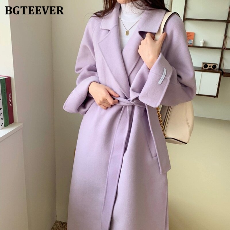 BGTEEVER-abrigos de mezcla larga para mujer, abrigos gruesos de invierno, abrigos cálidos con cordones y cuello con muescas,