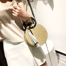 JXSLTC Handmade Woven Round Handbag Vintage Retro Straw Knitted Messenger Bag Lady Fresh Paper Bag Summer Bohemia Beach Tote