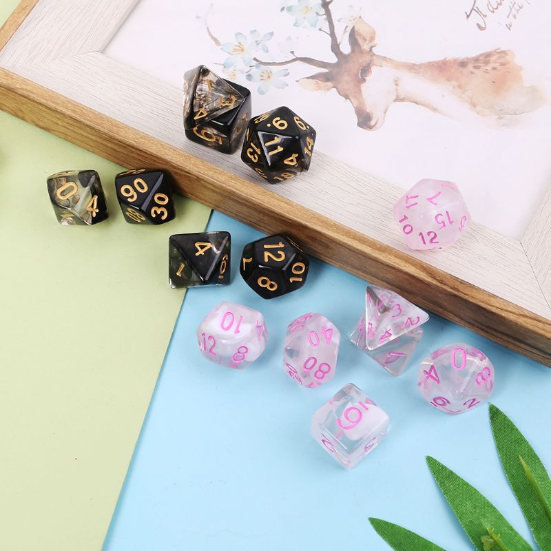 7 stuks/set speldobbelstenen transparante dobbelstenen multi-side desktop games party play polyhedral zwart/roze  q22f