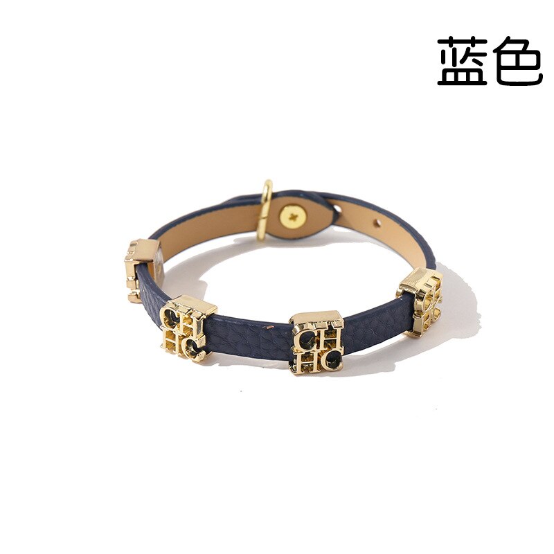 Titanium steel glossy gold CH lettered double loop leather bracelet for women: Titanium Plated