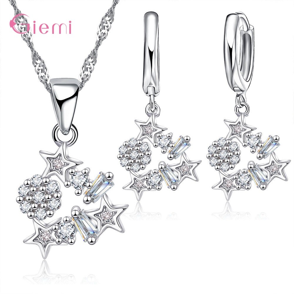 Trendy Stern Halskette Ohrring Set 925 Sterling Silber Cubic Zirkon Schmuck Sets Für Frauen Mädchen Partei Liefert: White