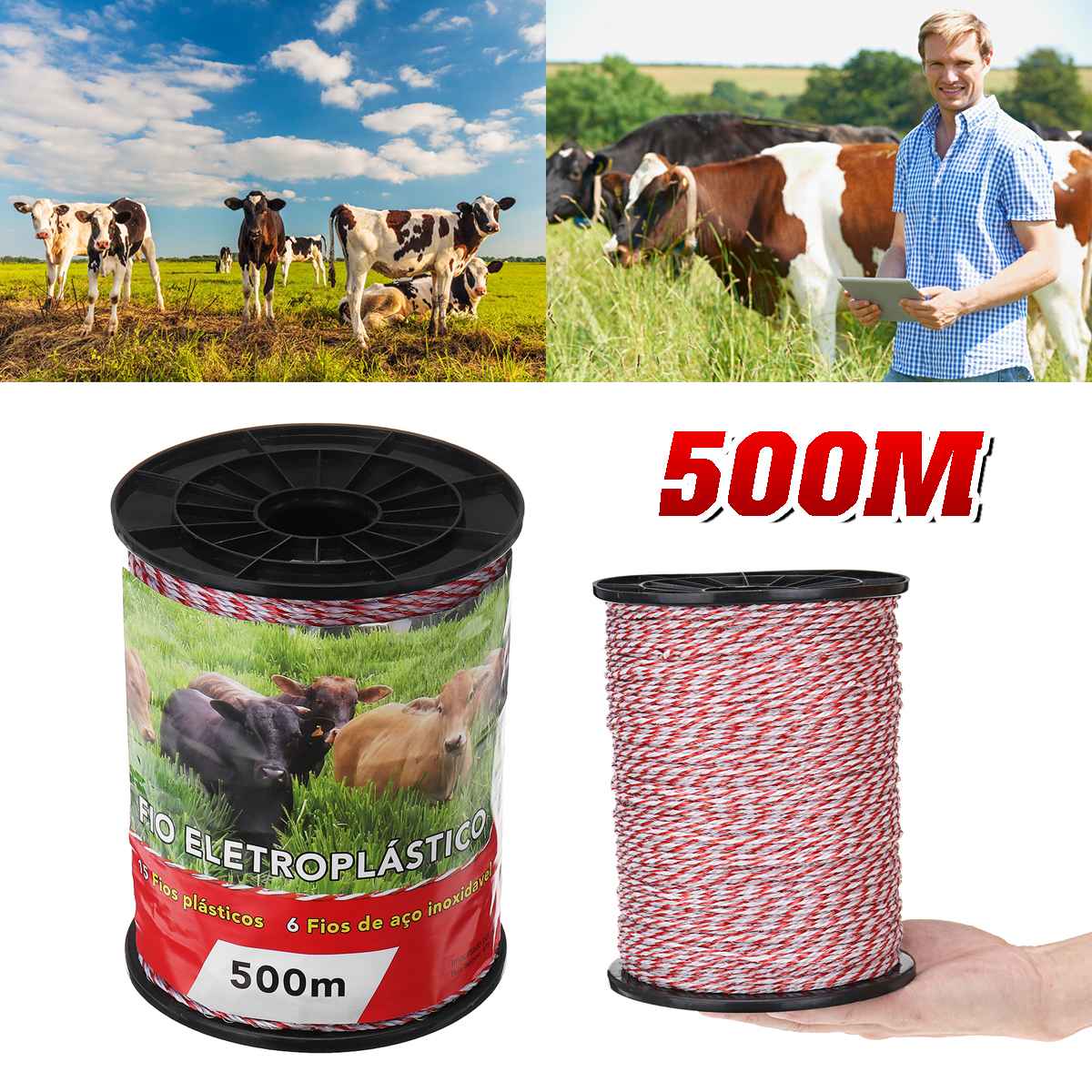 500M Roll Electric Fence Rope Red White Polywire with Steel Poly Rope for Horse Animal Fencing Ultra Low Resistance Fence Wire