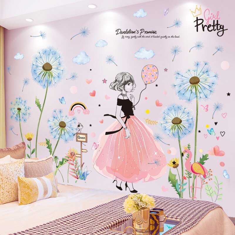 Smuk pige wallstickers diy blå farve blomster vægoverføringsbilleder til børneværelser baby soveværelse børneværelse dekoration: Pige og mælkebøtte