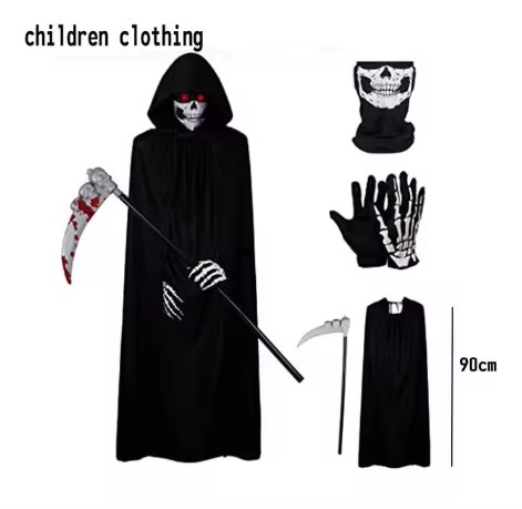Costume cosplay di halloween: mietitore, terrificante costume da scheletro per bambini, mietitore per adulti, tunica da fantasma e falce: Marrone