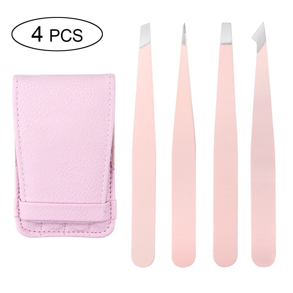 Pinzas para cejas de acero inoxidable, Punta inclinada, punta plana, herramientas cosméticas profesionales, 1/4/5 Uds.: 4pcs Pink