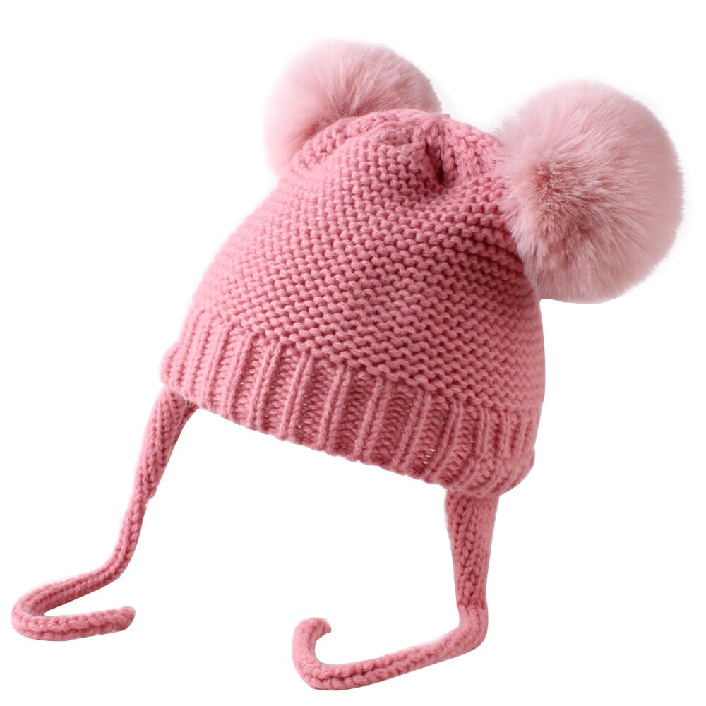 ¡Novedad de ! Accesorios para bebés, gorros de lana tejidos con cinta, gorros cálidos para el invierno para niños y niñas, gorros de lana tejidos con bola peluda: Rosa