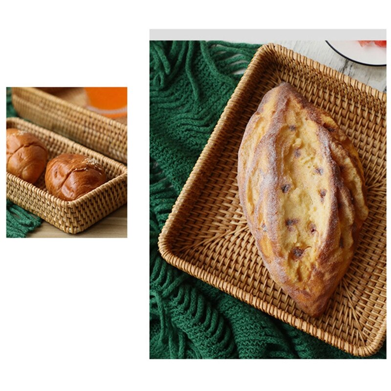 Rattan Storage Basket Rectangular Wicker Hand Woven Fruit Candy Bread Organizer