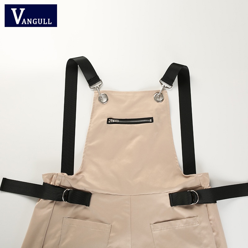 Vangull khaki bukser dame jumpsuit lange lynlåslommer ærmer justeret rem højtaljet bomuld sommer