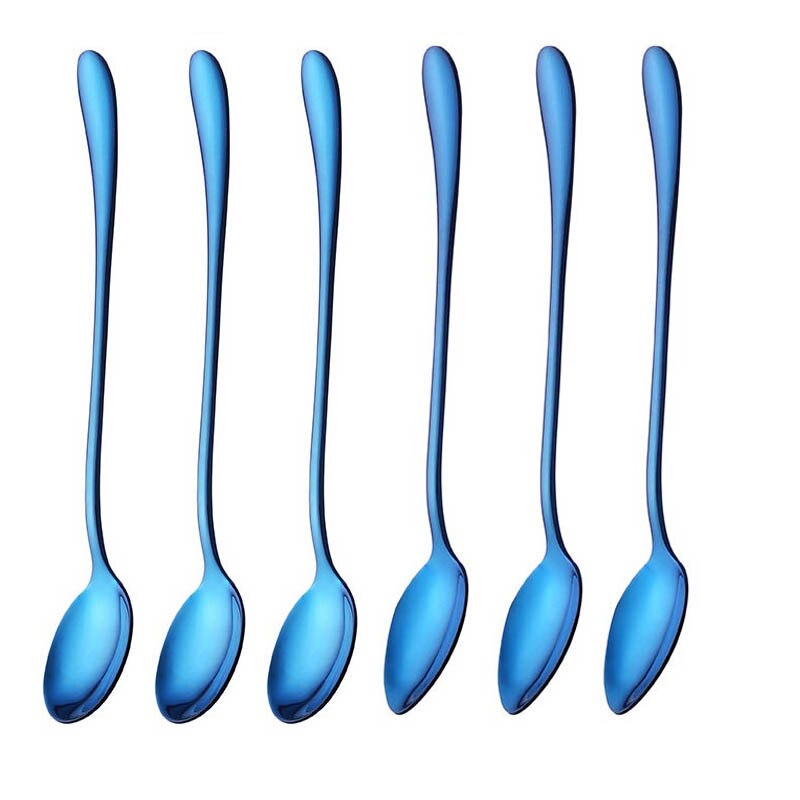 19.5cm Stainless Steel Round Head Spoon Rainbow Coffee Mixing Spoon Set Cold Drink Colorful Dessert Ice Spoon Flatware 6pcs/set: Blue