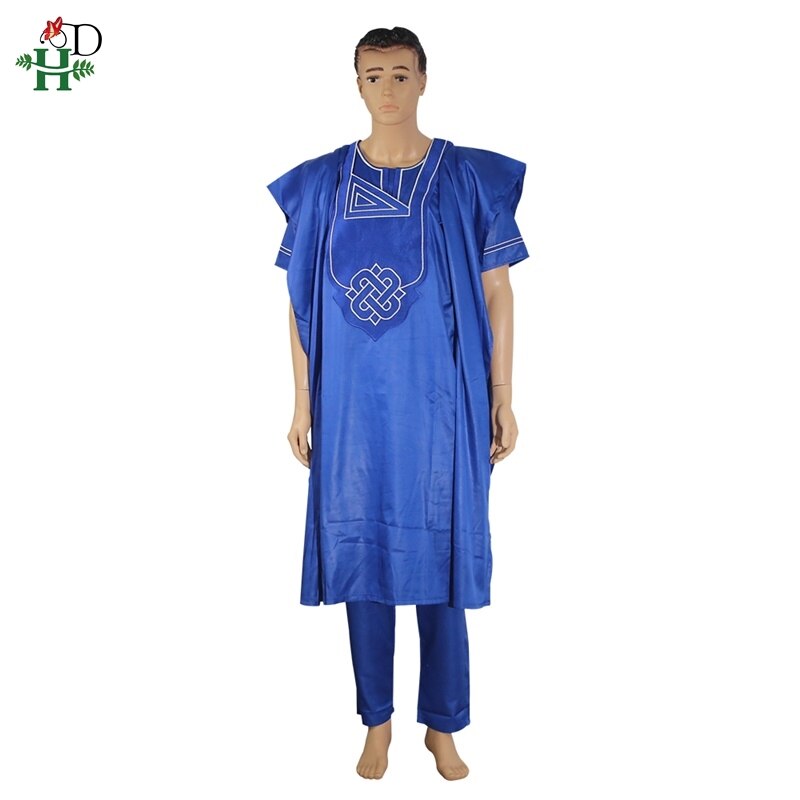 Pas de chapeau dashiki broderie africaine hommes vêtements riche bazin hommes costume hauts chemise pantalon 3 pièces ensemble grande taille PH3062: Bleu / XL