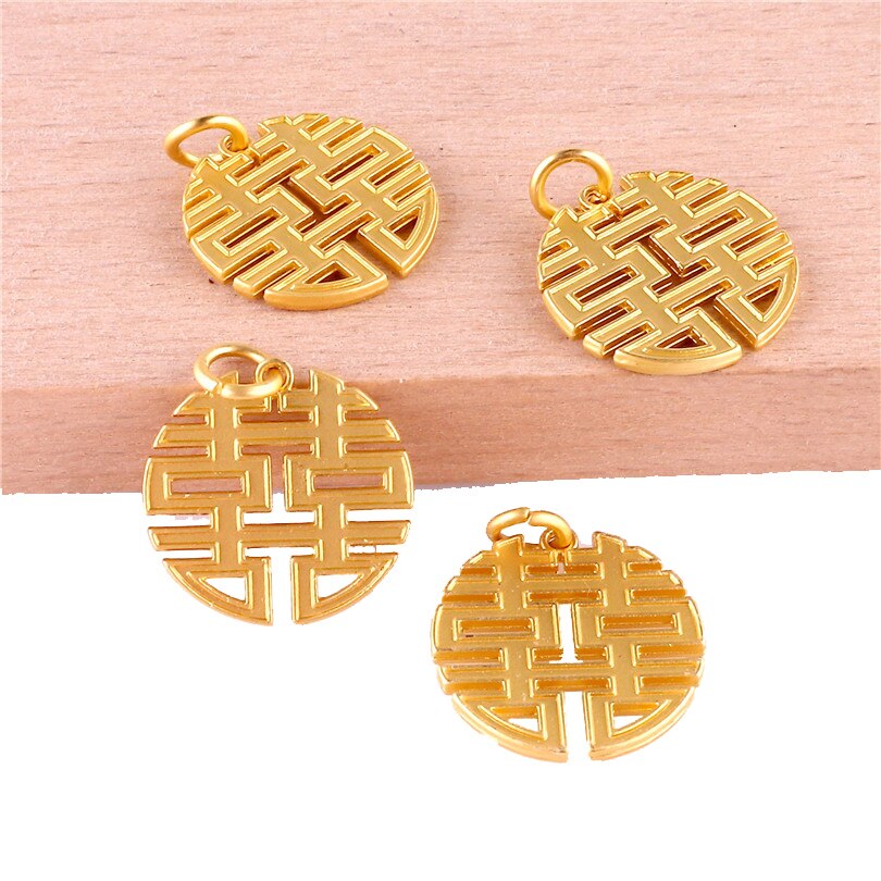 Personnages chinois ronds, couleur or 23389, Double bonheur, pendentif à breloques pour la fabrication de bijoux, Bracelet, accessoires faits à la main, 12 pièces