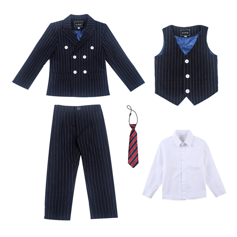 Boy Striped Suit Jacket Kids Formal Tuxedo Dress Double breasted Clothes Sets Child Wedding Morning Coat Blazer Pants Costumes: 5 Pcs Sets / 90
