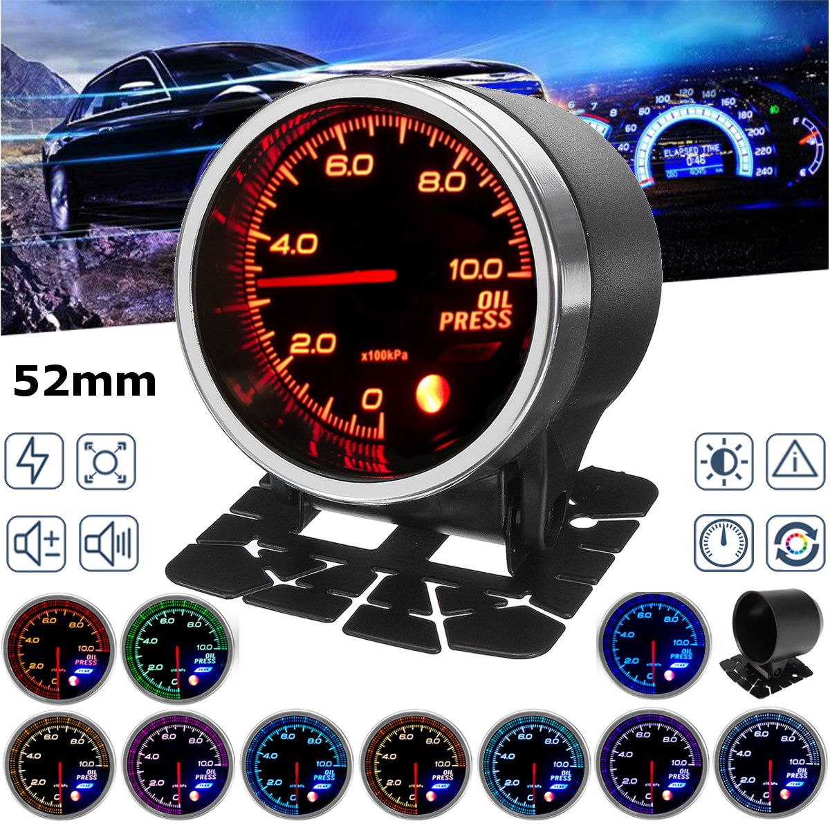 2" 52mm 1/8NPT Oil Press Pressure Gauge Meter LED Display Black Face With Sensor